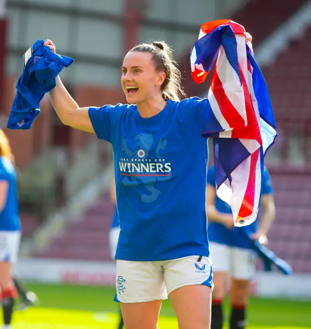 Rangers' Kirsty Howat celebrates at full time during the Sky Sports Cup Final match between Partick Thistle and Rangers at Tynecastle Park