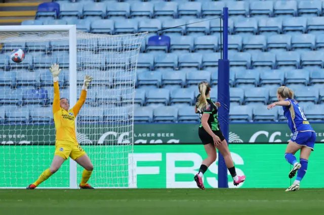 Rantala fires high into the roof of the net past Leicester's defender and goalkeeper