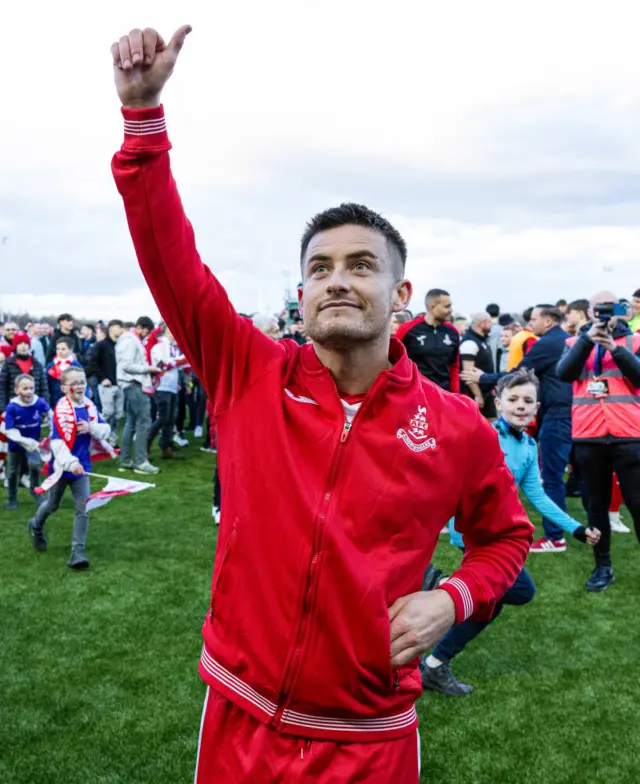 Airdrie Player Manager Rhys McCabe celebrates winning the SPFL Trust Trophy during the SPFL Trust Trophy Final match between The New Saints and Airdrieonians at Falkirk Stadium, on March 24, 2024, in Falkirk, Scotland.