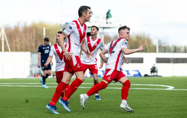 Airdrie's Liam McStravick celebrates as he scores to make it 1-1 during the SPFL Trust Trophy Final match between The New Saints and Airdrieonians at Falkirk Stadium, on March 24, 2024, in Falkirk, Scotland.