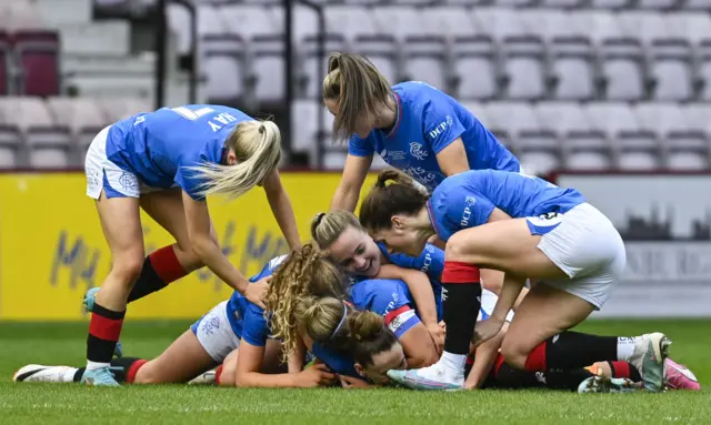 Rangers' Rachel Rowe celebrates with teammates after making it 2-1 during the Sky Sports Cup Final match between Partick Thistle and Rangers at Tynecastle Park