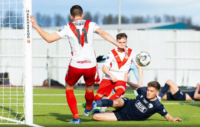 Airdrie's Nikolay Todorov has his shot blocked on the line during the SPFL Trust Trophy Final match between The New Saints and Airdrieonians at Falkirk Stadium, on March 24, 2024, in Falkirk, Scotland.