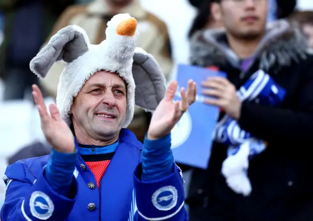 Brighton fan with club jacket and Seagull hat claps the team