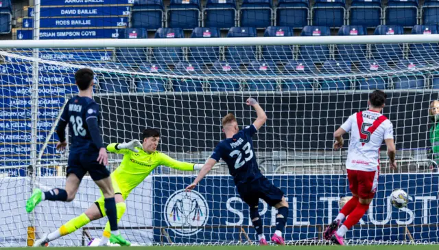 TNS' Brad Young misses an open goal to take the lead during the SPFL Trust Trophy Final match between The New Saints and Airdrieonians at Falkirk Stadium, on March 24, 2024, in Falkirk, Scotland.