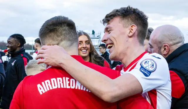 Airdrie Player Manager Rhys McCabe celebrates winning the SPFL Trust Trophy with Josh O'Connor during the SPFL Trust Trophy Final match between The New Saints and Airdrieonians at Falkirk Stadium, on March 24, 2024, in Falkirk, Scotland.