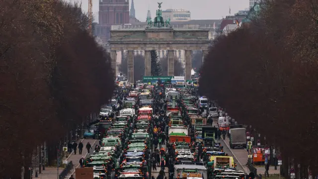 Tractors queue during a protest in Berlin, Germany, in December