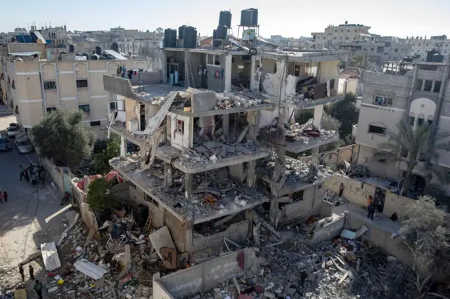 A building damaged by Israeli air strikes in Rafah, in the southern Gaza Strip