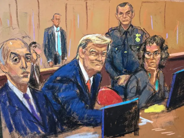 Court sketch showing Trump and his legal team