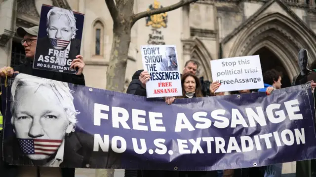 Julian Assange supporters protest outside the Royal Courts of Justice in London, Britain, 26 March 2024.