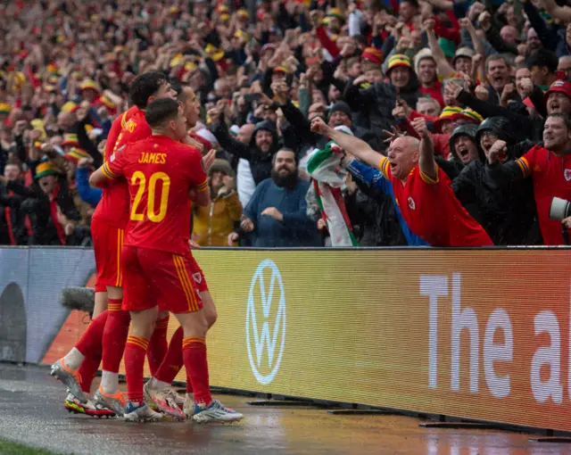 Wales celebrate Bale goal v Ukraine