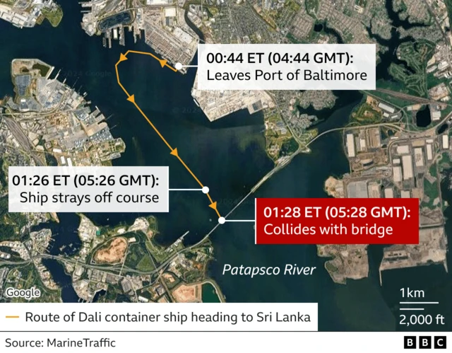 A map showing the route of the Dali container ship in Baltimore before it hit a bridge