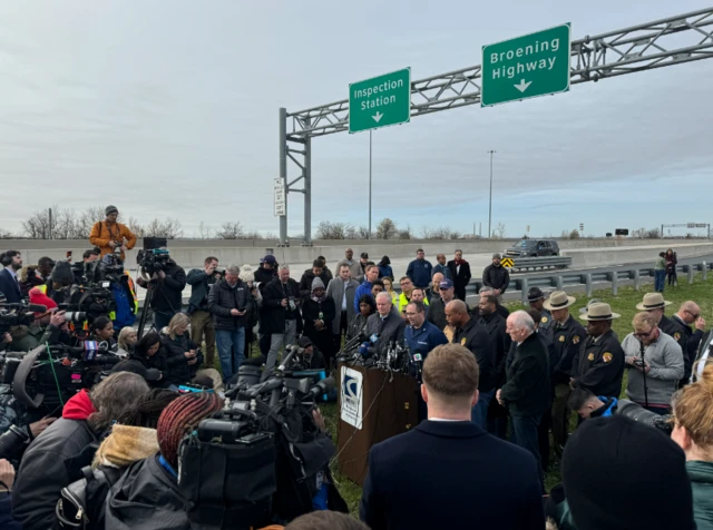 High shot of media conference in Baltimore