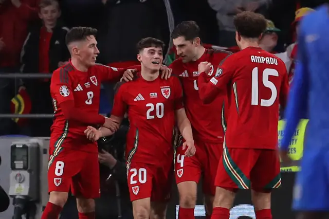 Wales celebrate Dan James' goal