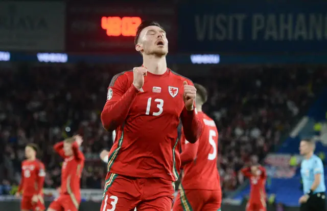 Wales striker Kieffer Moore looks dejected