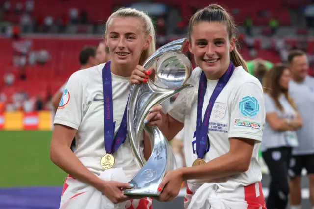 Chloe Kelly and Ella Toone with the European Championship trophy