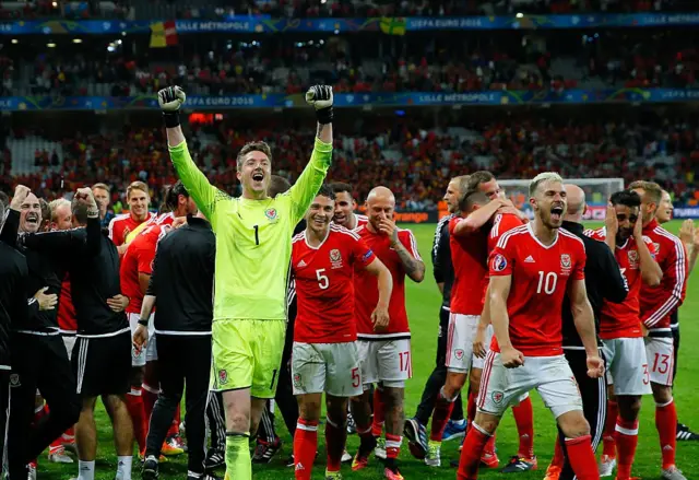 Wales celebrating v Belgium in 2016