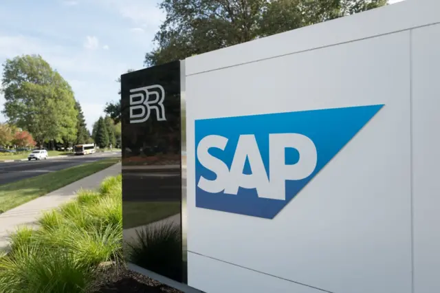 Close-up of sign for business intelligence company SAP in the Bishop Ranch office park in San Ramon, California, October 20, 2017