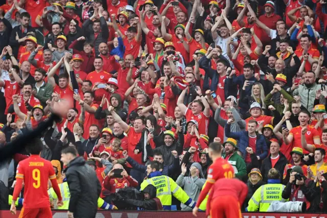 Fans celebrate Wales beating Ukraine