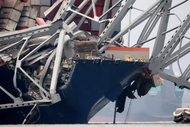 Dali cargo vessel after a day after crashing into the Francis Scott Key Bridge causing it to collapse in Baltimore - 27 March 2024