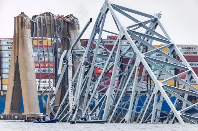 The collapsed bridge and Dali cargo ship