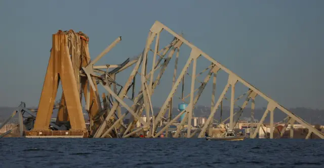 A view of the Francis Scott Key Bridge, after the Dali cargo vessel crashed into it causing it to collapse, in Baltimore, Maryland, U.S., March 26, 2024.