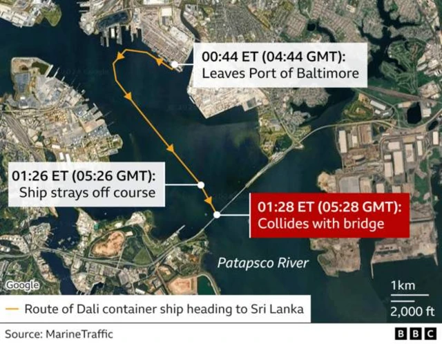 Map shows route of container ship