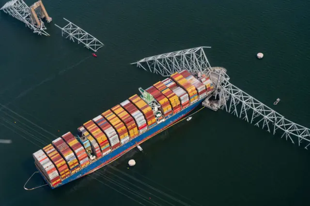 The Dali container vessel after striking the Francis Scott Key Bridge in Baltimore, Maryland