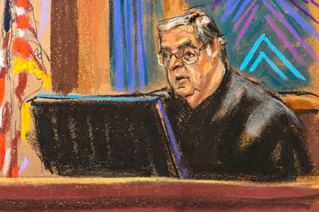 U.S. District Judge Lewis Kaplan sentences FTX cryptocurrency exchange founder Sam Bankman-Fried to 25 years in prison, at Federal Court in New York City, U.S., March 28, 2024 in this courtroom sketch.