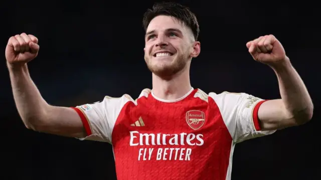 Declan Rice celebrating while playing for Arsenal