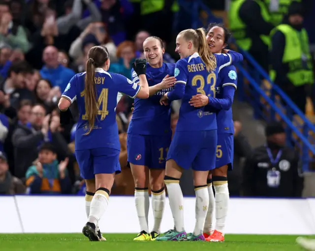 Mayra Ramirez celebrates scoring with her Chelsea team-mates