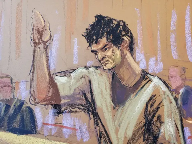 Sam Bankman-Fried, the jailed founder of bankrupt cryptocurrency exchange FTX, is sworn in as he appears in court for the first time since his November fraud conviction, at a courthouse in New York, U.S., February 21, 2024 in this courtroom sketch.