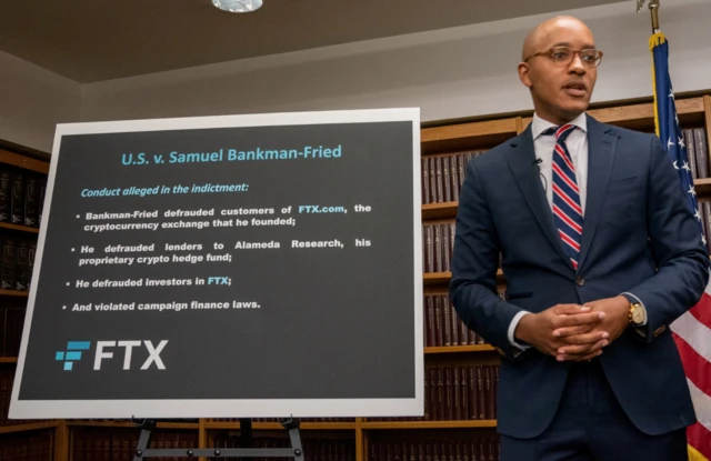 U.S. attorney Damian Williams speaks to the media regarding the indictment of Samuel Bankman-Fried the founder of failed crypto exchange FTX in New York City