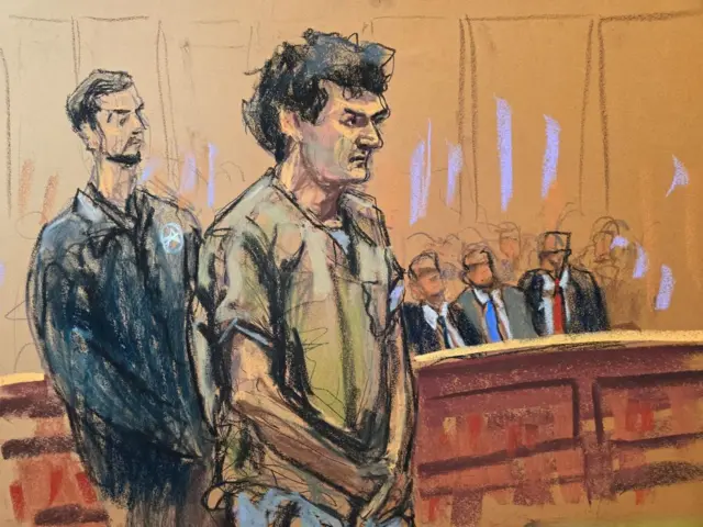 FTX founder Sam Bankman-Fried stands at the defense table to make a statement to U.S. District Judge Lewis Kaplan at Federal Court in New York City, U.S., March 28, 2024 in this courtroom sketch