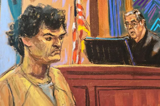 FTX cryptocurrency exchange founder Sam Bankman-Fried stands before U.S. District Judge Lewis Kaplan as he is sentenced to 25 years in prison, at Federal Court in New York City, U.S., March 28, 2024 in this courtroom sketch.