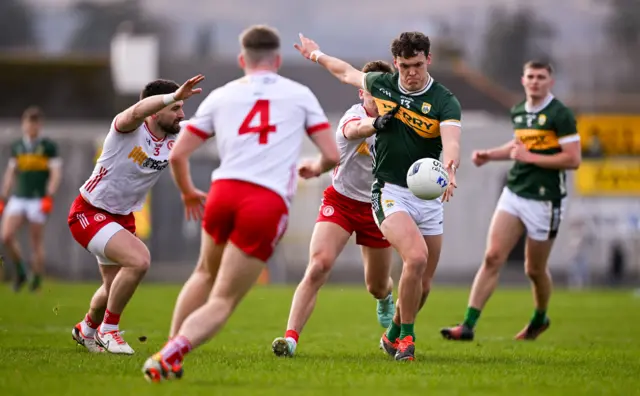 Tyrone trio Padraig Hampsey, Cormac Quinn and Conn Kilpatrick surround David Clifford in Killarney
