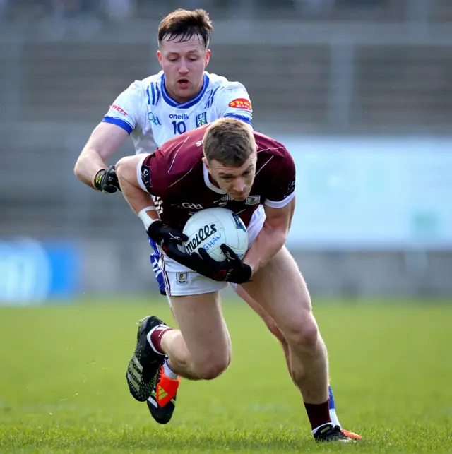 Monaghan's Michael Bannigan tackles Galway's John Daly at Clones
