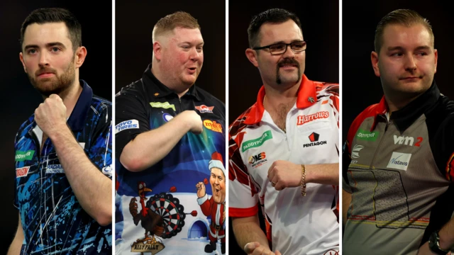 Split picture of Luke Humphries, Ricky Evans, Damon Heta and Dimitri Van den Bergh, the four UK Open semi-finalists