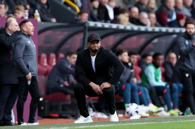 Vincent Kompany, Manager of Burnley, reacts