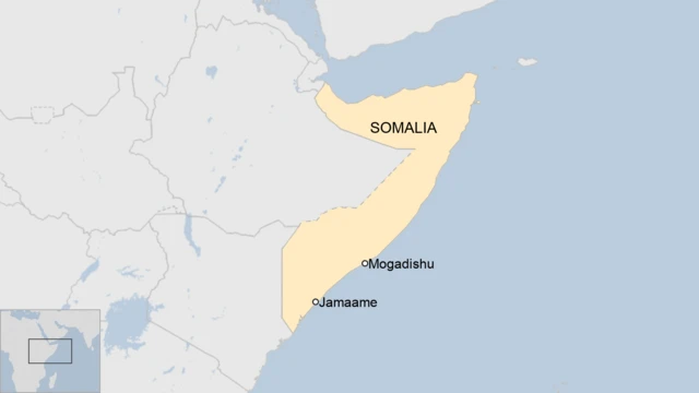 A map of Somalia showing Jamame, and the capital Mogadishu.