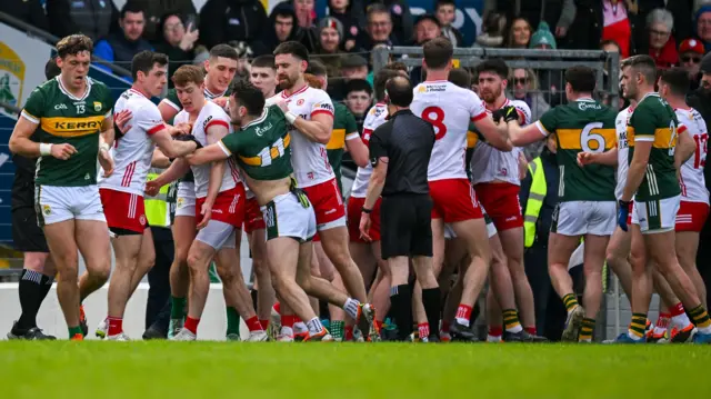 Kerry and Tyrone players scuffle in Killarney