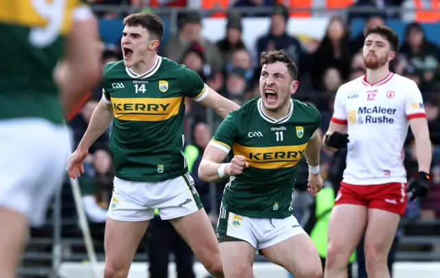 Paudie Clifford and Sean O'Shea celebrate a Kerry score in Killarney