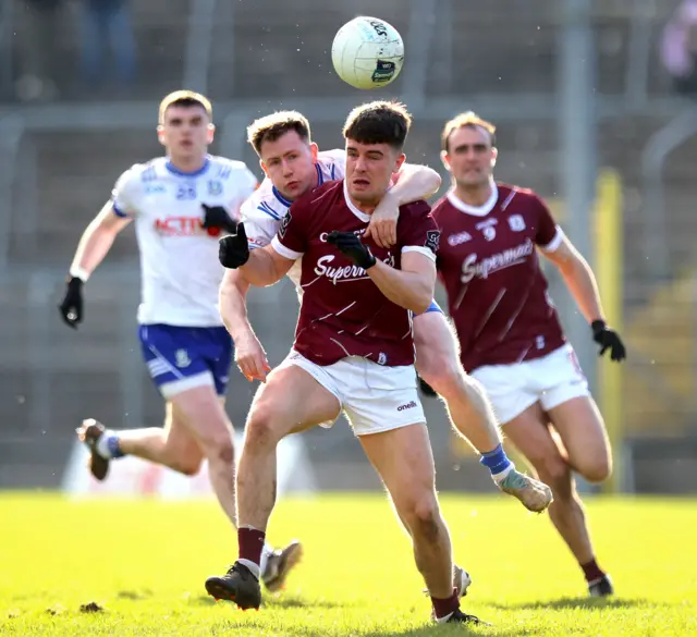 Galway captain Sean Kelly battles with Monaghan's Karl O'Connell at Clones