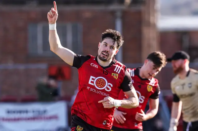 James Guinness celebrates after scoring Down's second goal at Pairc Esler