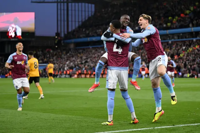 Ezri Konsa celebrates scoring for Aston Villa against Wolves