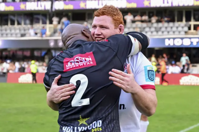 Ulster's Steven Kitshoff with his fellow Springbok Bongi Mbonambi of the Sharks