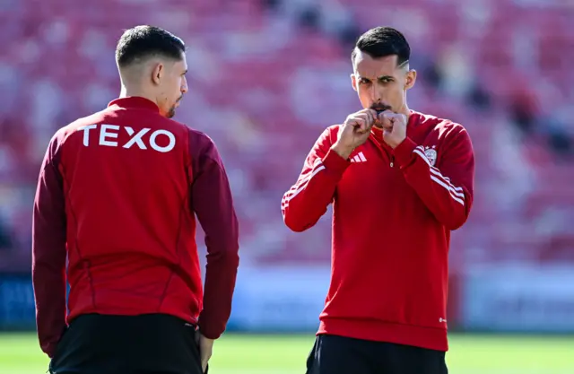 Aberdeen's Ester Sokler (L) and Bojan Miovski (R) during a cinch Premiership match between Aberdeen and Ross County at Pittodrie Stadium, on March 30, 2024, in Aberdeen, Scotland.