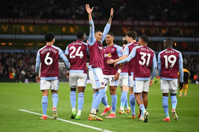 Ezri Konsa celebrates scoring for Aston Villa against Wolves