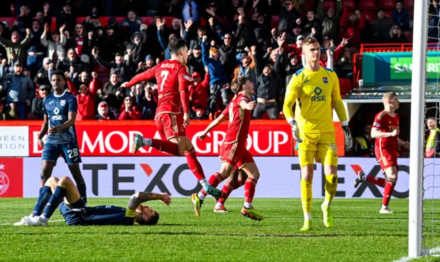 Aberdeen's Jamie McGrath celebrates as he scores to make it 2-1 during a cinch Premiership match between Aberdeen and Ross County at Pittodrie Stadium, on March 30, 2024, in Aberdeen, Scotland.