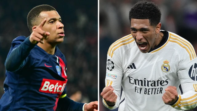 Split picture of Paris St-Germain's Kylian Mbappe and Real Madrid's Jude Bellingham