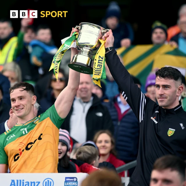 Donegal joint-captains Ciarán Thompson and Patrick McBrearty lift the trophy after the Football League Division Two Final